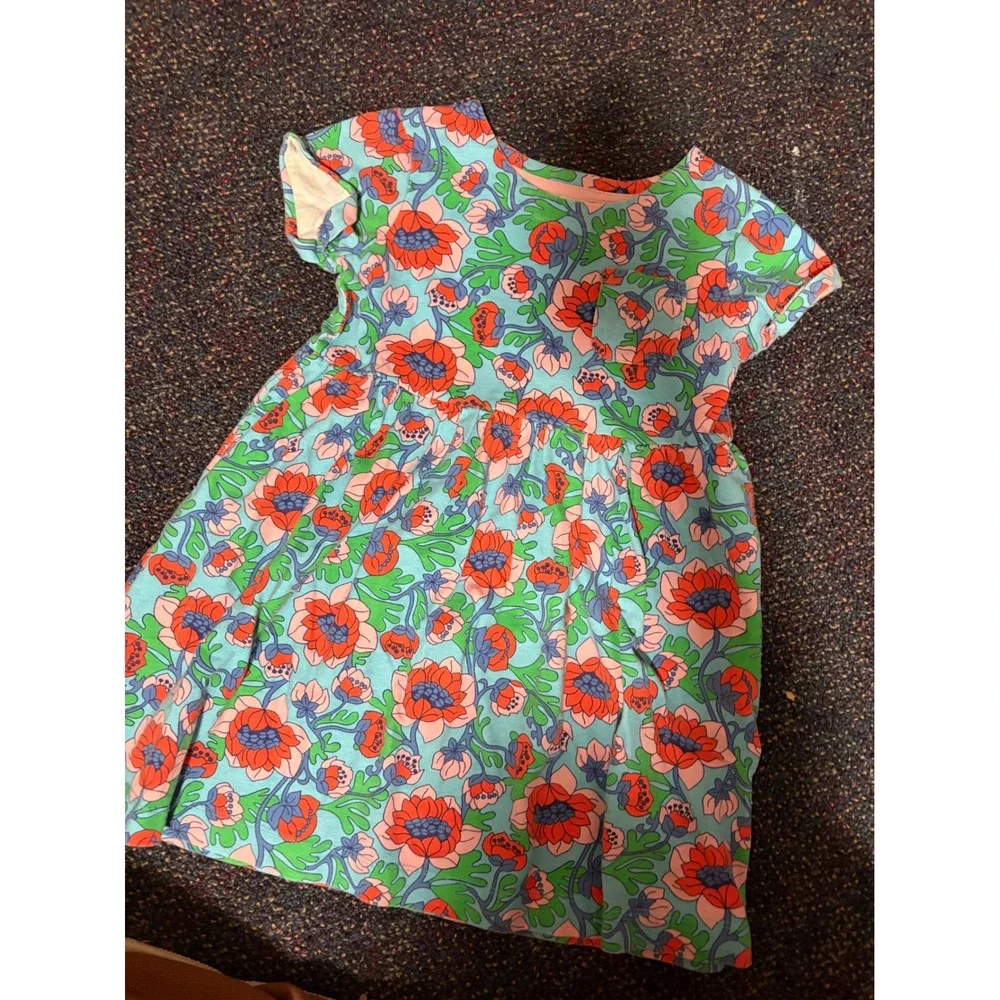 Mini Boden Girls Blue Orange Floral Short Sleeve Jersey Pocket Dress Size 6-7Y